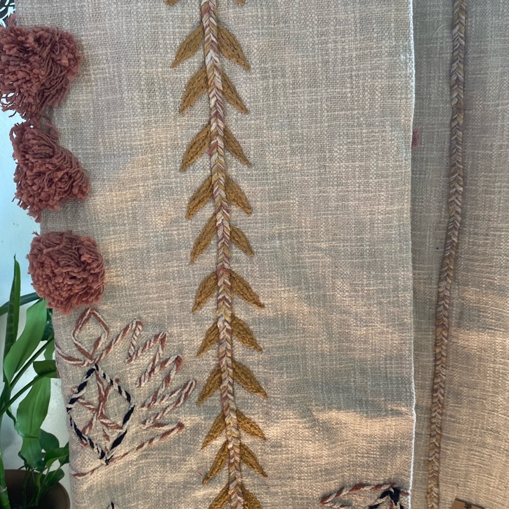 Cream Embroidered Pom-Pom Tassel-Trim Throw